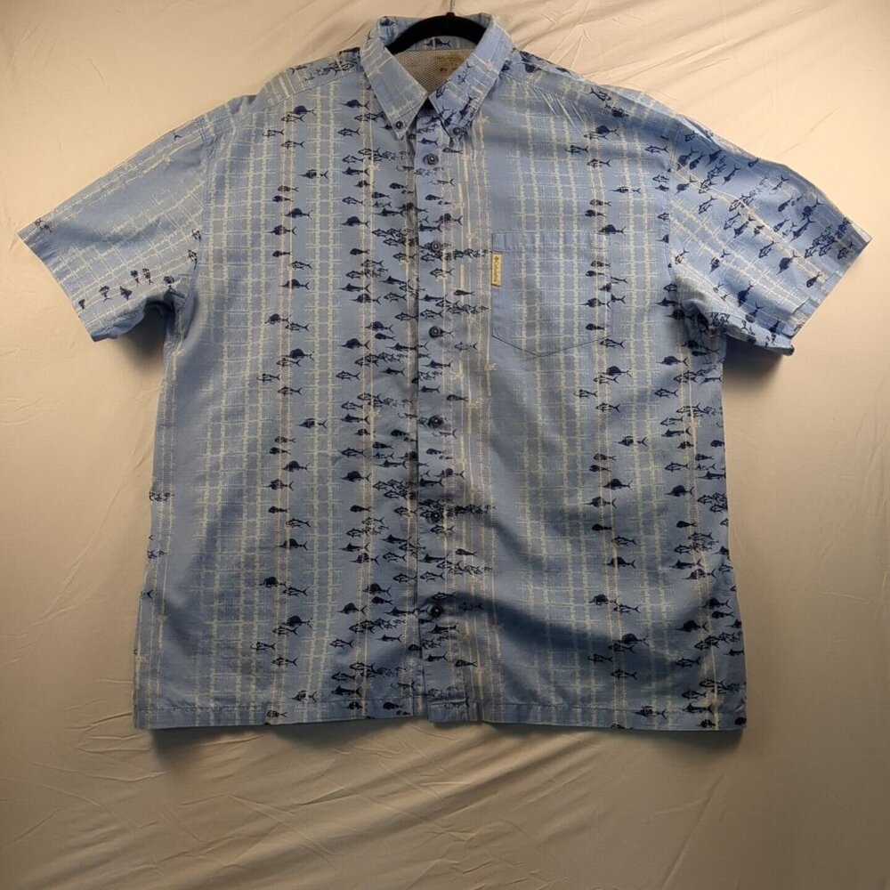 Columbia Mens PFG Shirt L‎ Blue Button Up Fishing Short Sleeve Marlin Tuna Fish